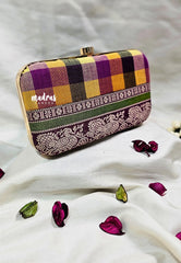 MS7 - Premium Chettinad Cotton Fabric Multi Color Kandangi Checks with Peacock Border Pin-tuck with Box Clutch for Women
