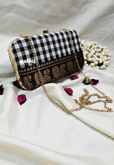 MS7 - Premium Chettinad Cotton Fabric Black and White Checks with Peacock Pin-tuck with Box Clutch for Women