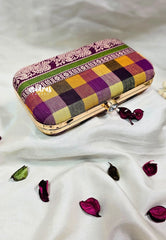 MS7 - Premium Chettinad Cotton Fabric Multi Color Kandangi Checks with Peacock Border Pin-tuck with Box Clutch for Women