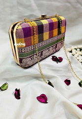 MS7 - Premium Chettinad Cotton Fabric Multi Color Kandangi Checks with Peacock Border Pin-tuck with Box Clutch for Women