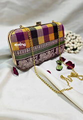 MS7 - Premium Chettinad Cotton Fabric Multi Color Kandangi Checks with Peacock Border Pin-tuck with Box Clutch for Women