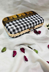 MS7 - Premium Chettinad Cotton Fabric Black and White Checks with Peacock Pin-tuck with Box Clutch for Women