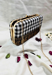 MS7 - Premium Chettinad Cotton Fabric Black and White Checks with Peacock Pin-tuck with Box Clutch for Women