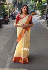 Ivory Cream - Sri Lakshmi - Premium Semi silk with floral emboss weaving body getti border - Best for Weddings