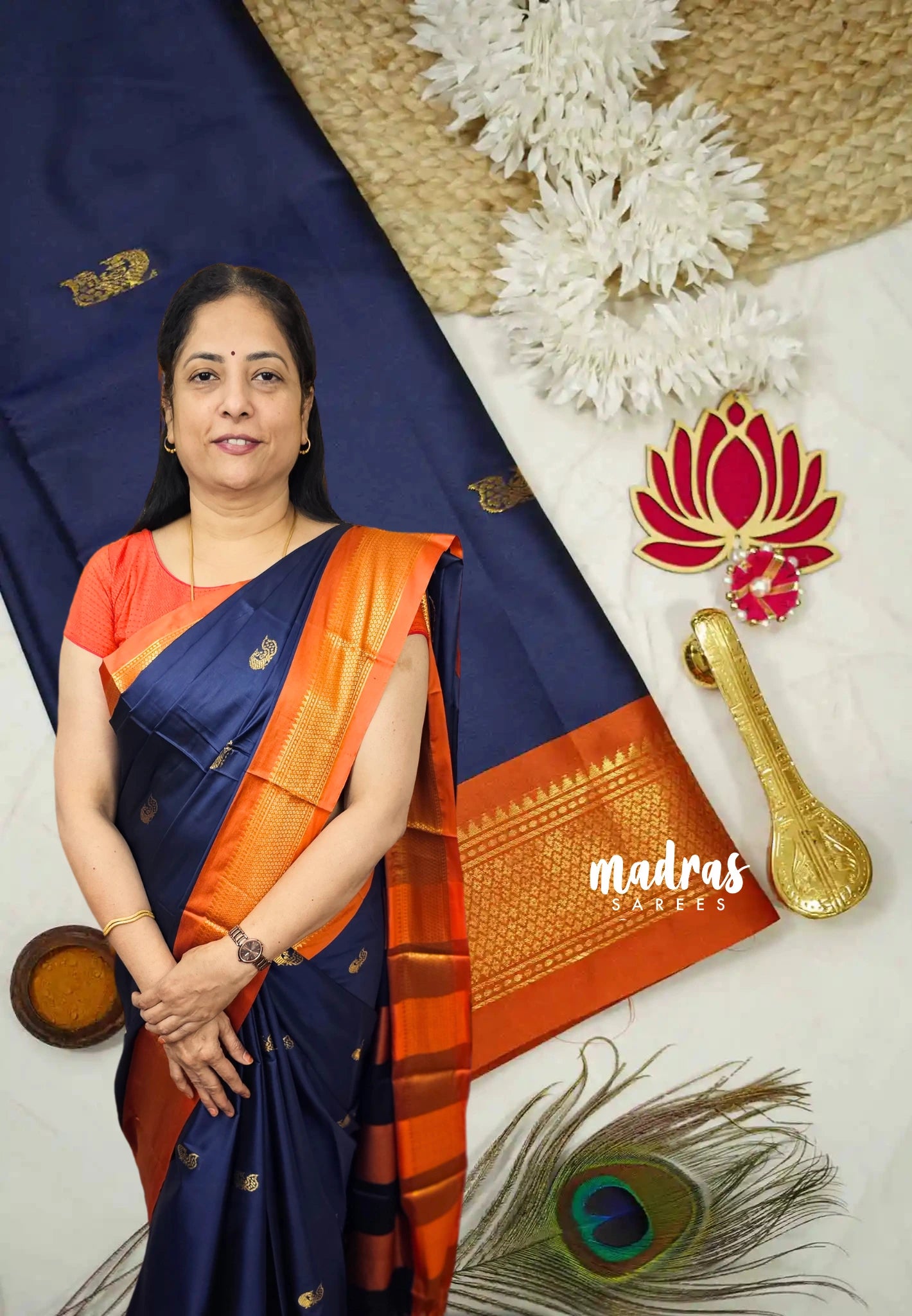 Sico Gadwal Navy blue with orange border - Madras Sarees