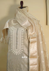 Amitha – Taupe Crushed tissue silk heavy work yoke set with sheer banarasi dupatta