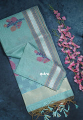 Muted Seafoam Green - Muslin Silk with Thread Weaving Pallu with Floral Buttas - Perfect for Office Wear