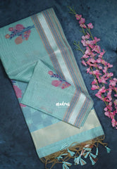 Muted Seafoam Green - Muslin Silk with Thread Weaving Pallu with Floral Buttas - Perfect for Office Wear