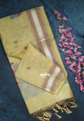 Pale Mustard - Muslin Silk with Thread Weaving Pallu with Floral Buttas - Perfect for Office Wear