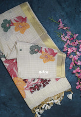 Biscut Beige & Orangish Yellow - Muslin Silk Checks with Thread Weaving Pallu with Buttas - Perfect for Office Wear