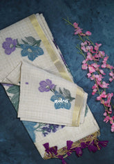 Biscut Beige & Teal - Muslin Silk Checks with Thread Weaving Pallu with Buttas - Perfect for Office Wear