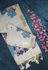 Biscut Beige & Peacock Blue - Muslin Silk Checks with Thread Weaving Pallu with Buttas - Perfect for Office Wear