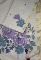 Biscut Beige & Teal - Muslin Silk Checks with Thread Weaving Pallu with Buttas - Perfect for Office Wear