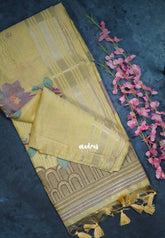Pale Mustard-D2 - Muslin Silk with Thread Weaving Pallu with Floral Buttas - Perfect for Office Wear