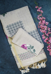 Muted Ivory Beige & Magenta Pink - Muslin Silk Checks with Thread Weaving Pallu with Rose Flower Buttas - Perfect for Office Wear