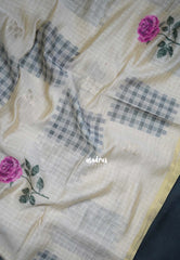 Muted Ivory Beige & Magenta Pink - Muslin Silk Checks with Thread Weaving Pallu with Rose Flower Buttas - Perfect for Office Wear