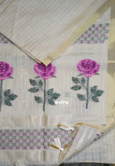 Muted Ivory Beige & Magenta Pink - Muslin Silk Checks with Thread Weaving Pallu with Rose Flower Buttas - Perfect for Office Wear