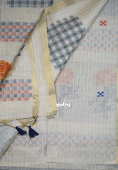 Muted Ivory Beige & Orange - Muslin Silk Checks with Thread Weaving Pallu with Rose Flower Buttas - Perfect for Office Wear