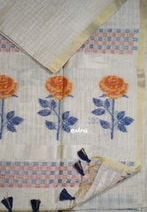 Muted Ivory Beige & Orange - Muslin Silk Checks with Thread Weaving Pallu with Rose Flower Buttas - Perfect for Office Wear