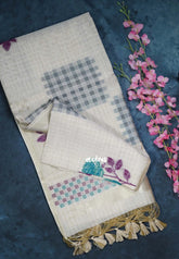Muted Ivory Beige & Teal Blue - Muslin Silk Checks with Thread Weaving Pallu with Rose Flower Buttas - Perfect for Office Wear