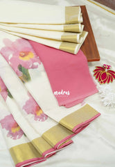 Traditional Kerala Half Saree – Kasavu Border with Digital Print Georgette Dhavani - Devasena