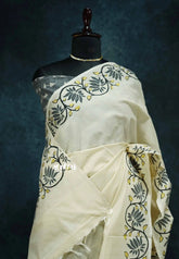 Halfwhite with Ikkat grey blouse - Sowmiya - Organic Bamboo Cotton with handblock print