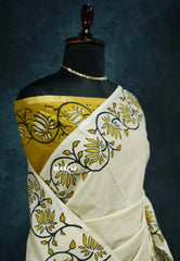 Halfwhite with golden yellow rawsilk blouse - Sowmiya - Organic Bamboo Cotton with handblock print