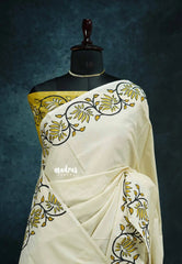 Halfwhite with golden yellow rawsilk blouse - Sowmiya - Organic Bamboo Cotton with handblock print
