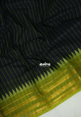 Ebony Black - Karthigai silk cotton multi border with stripes body - Best for Temple Vist