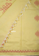 Butter yellow - Oviyam - Madras Margazhi Special Handblock kolam Printed Bamboo Cotton Double Blouse Combo