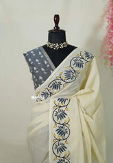 Halfwhite with Ikkat grey blouse - Sowmiya - Organic Bamboo Cotton with handblock print