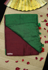 khadi contrast pallu Maroon with Green - Shruti - Madras Sarees
