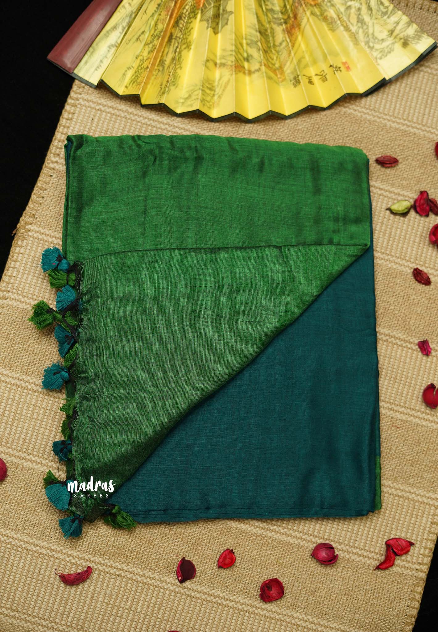 khadi contrast pallu Cyan Blue with green pallu - Shruti - Madras Sarees