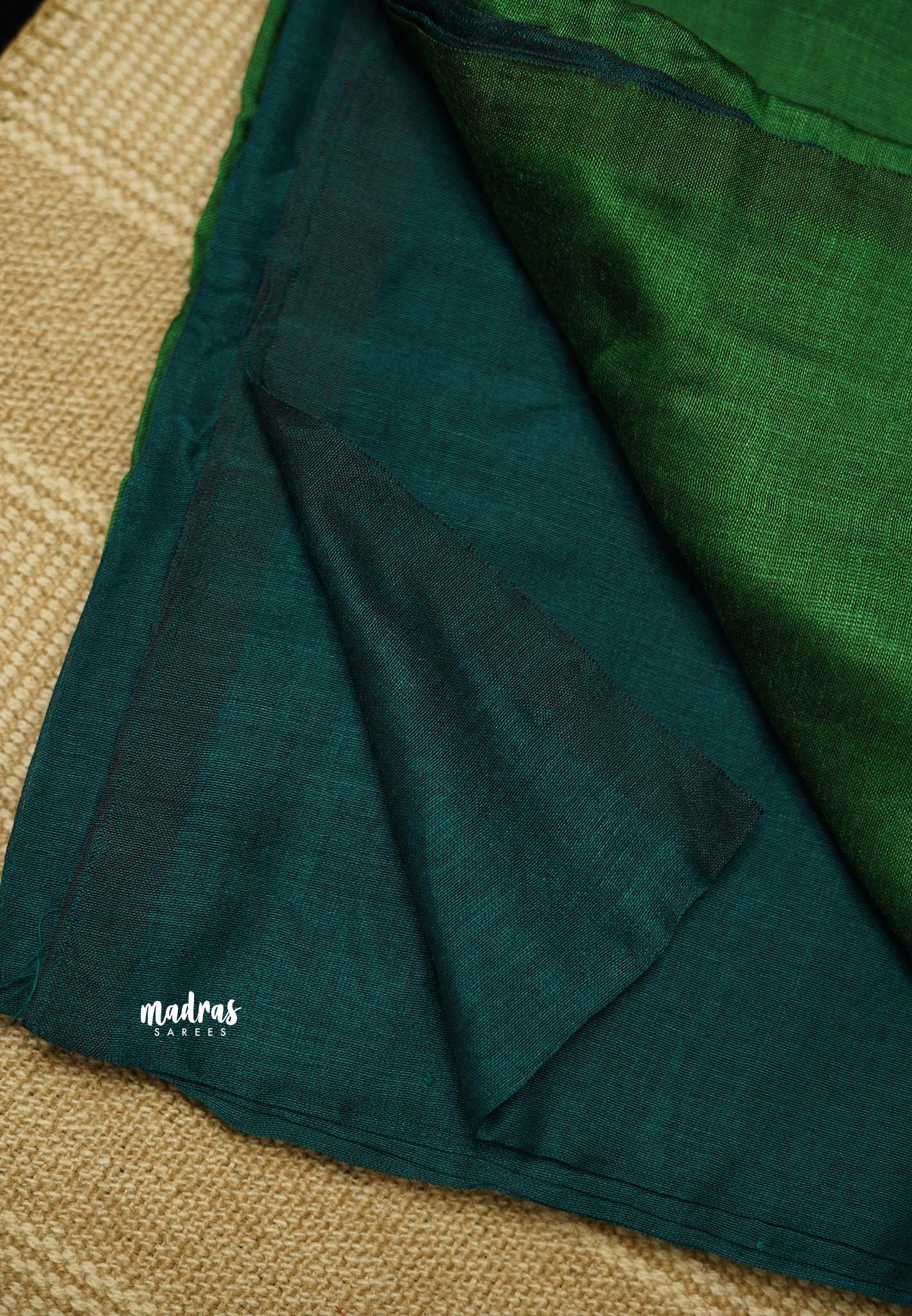khadi contrast pallu Cyan Blue with green pallu - Shruti - Madras Sarees