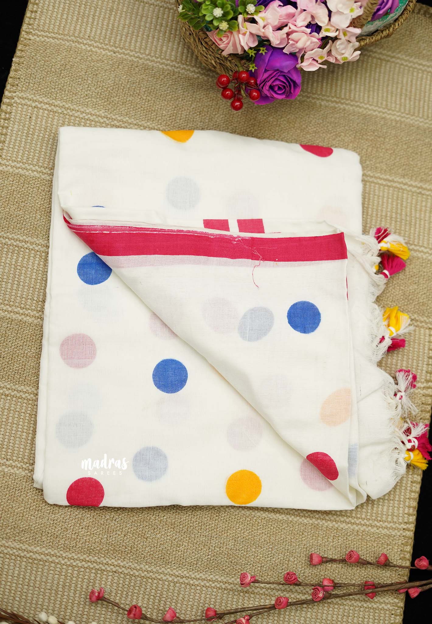 Polka dots Khadi White (Multicolor dots) - Madras Sarees