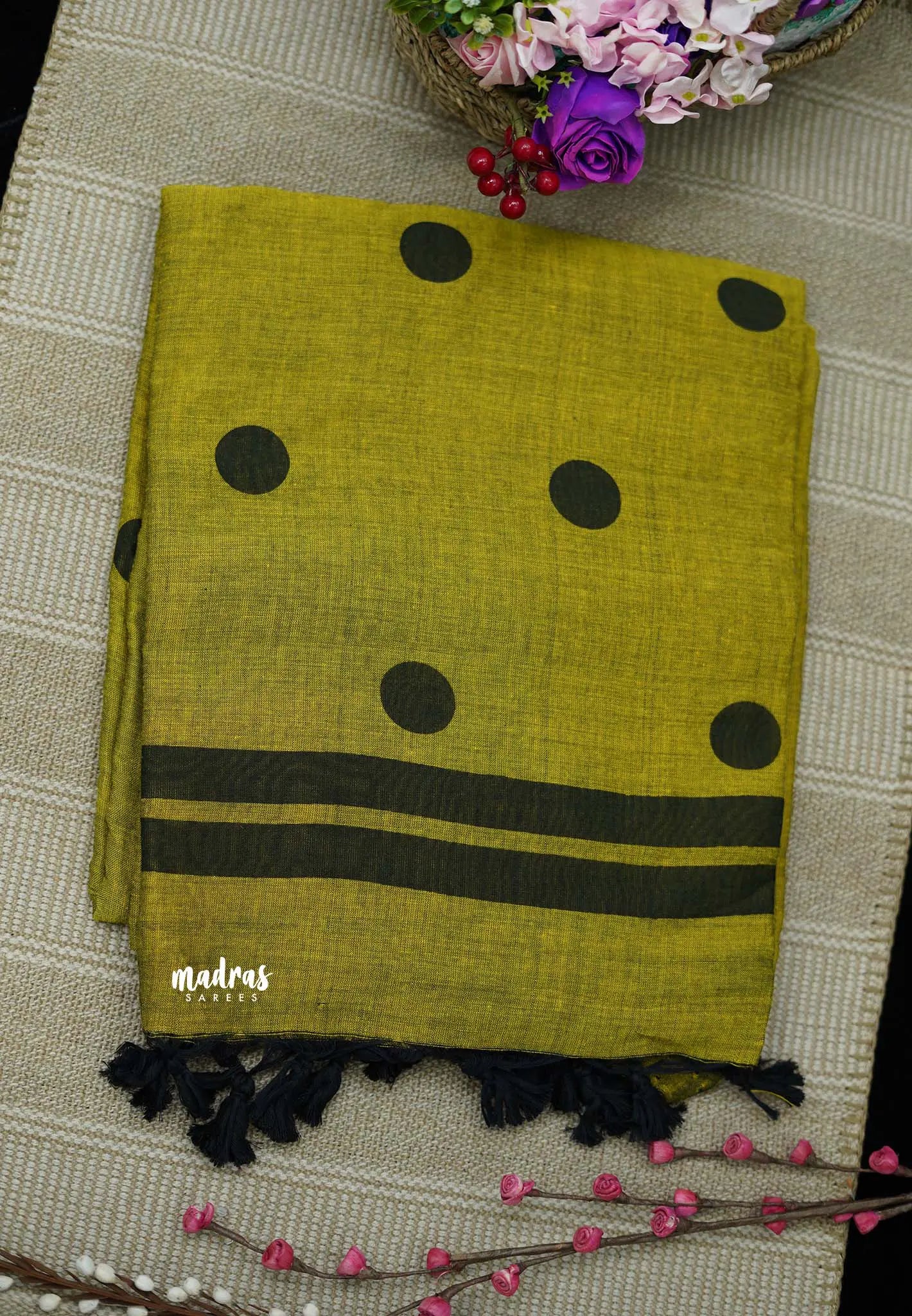 Polka dots Khadi Mehandi green - Actress Suhasini saree - Madras Sarees