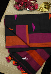Khadi linen Mukkonam Buttas Black Ganga Jamuna border - Madras Sarees