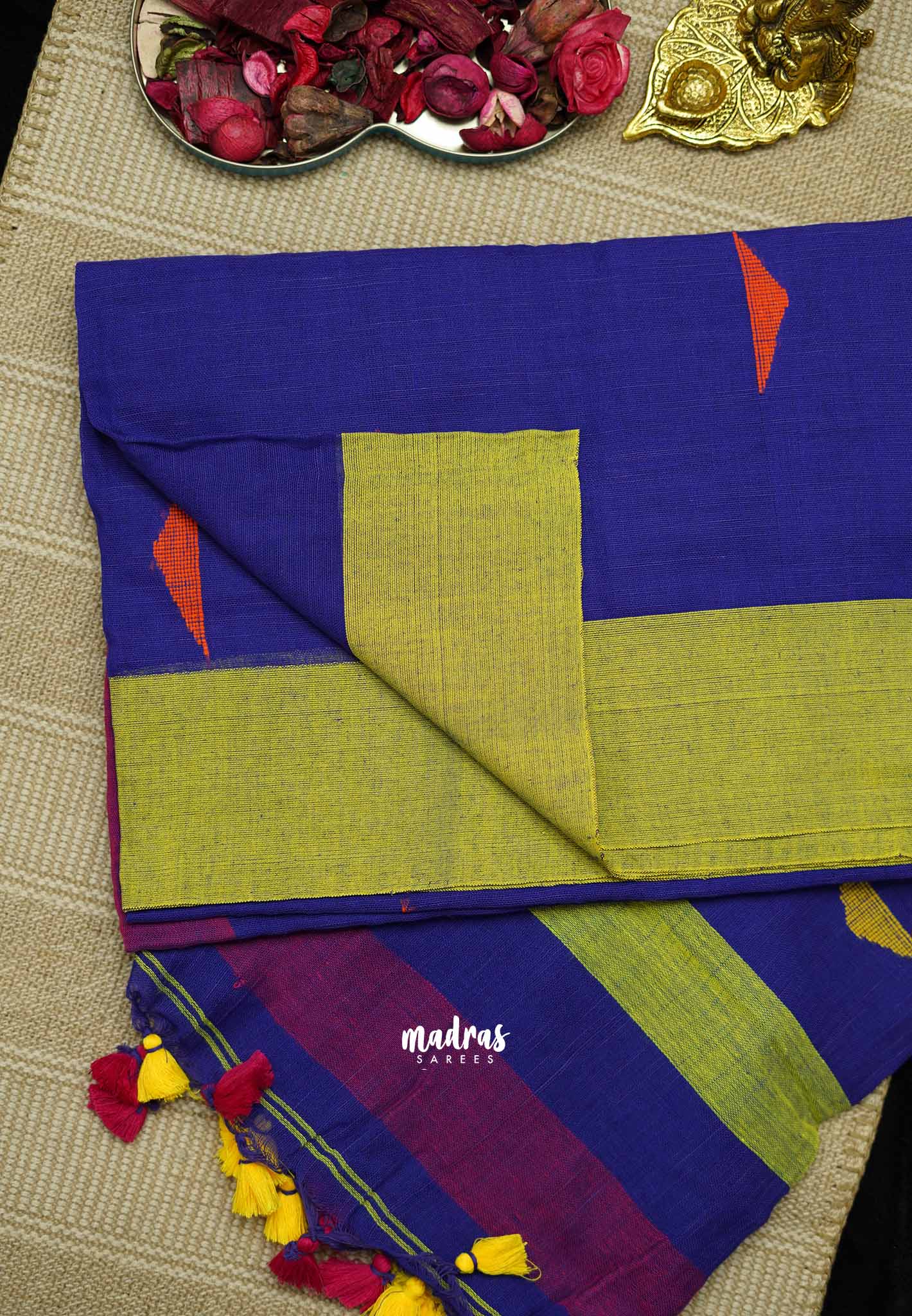 Khadi linen Mukkonam Buttas MS Blue - Madras Sarees