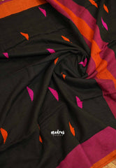 Khadi linen Mukkonam Buttas Black Ganga Jamuna border - Madras Sarees