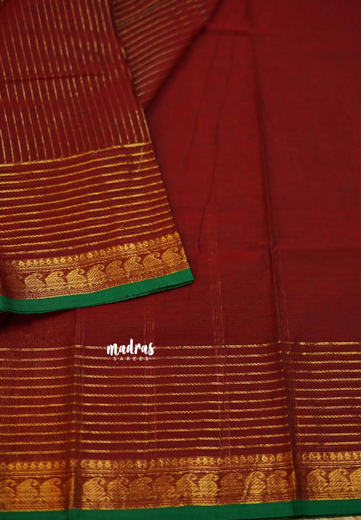 Karthigai silk cotton with golden stripes weaving meroon - Madras Sarees