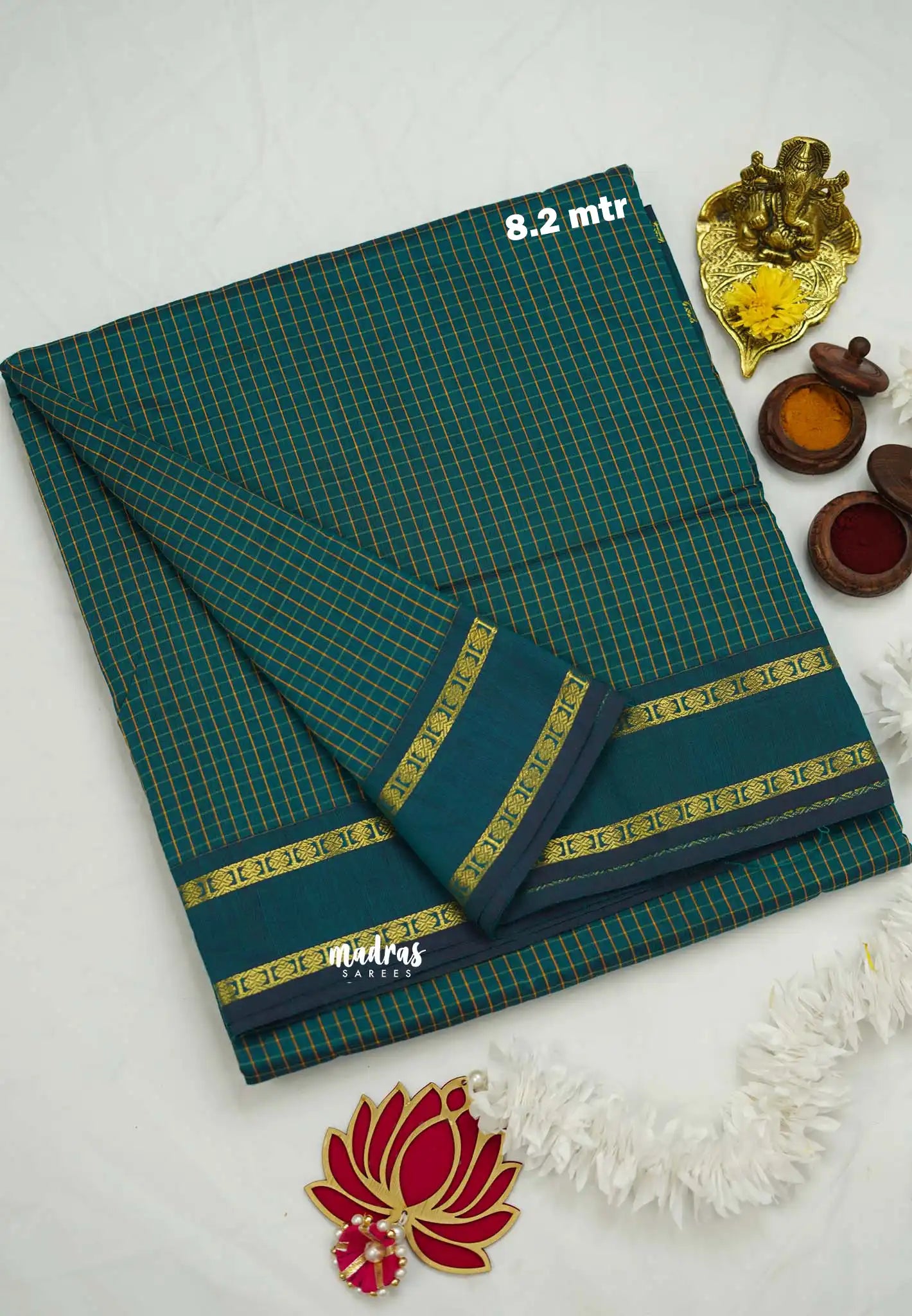 9 yards Gadwal silkcotton Teal Green - Madras Sarees