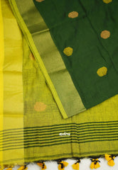 kannamma Handwoven Ballbutta linen Bottle green with yellow pallu - Madras Sarees