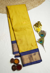Sico Gadwal semi silk yellow body with dark blue border saree - Madras Sarees