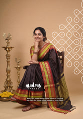 Dark Chocolate Brown - Kanimozhi - Premium Soft Silk Plian with Rudraksham, Mango Border - Best for Wedding Functions