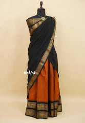 Brownish Orange with Black - Karthigai Silk Cotton Pavadai Thavani / Half saree Set - Unstitched - Devasena
