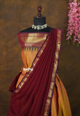 Dual Shade Golden Mustard with Maroon - Karthigai Silk Cotton Pavadai Thavani / Half saree Set - Unstitched - Devasena - Perfect for Festive Functions