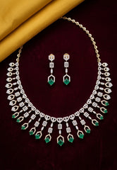 Moksha - Pure Silver Emerald Green Diamond Necklace Set with Matching Earrings | Real Gold Finish | Luxury Designer Bridal Jewellery for Women