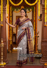 Dove Grey - Sico Gadwal Semi Silk Checks with Traditonal Rudraksham Border - Best for Wedding Functions