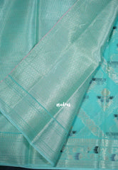 Turquoise Blue - Durga - Banarasi Muslin Silk Thread Weaving Body with Silver Zari Border - Perfect for Pooja Wear | Diwali Function