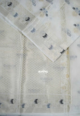 Creamy Ivory Beige - Durga - Banarasi Muslin Silk Thread Weaving Body with Silver Zari Border - Perfect for Pooja Wear | Diwali Function